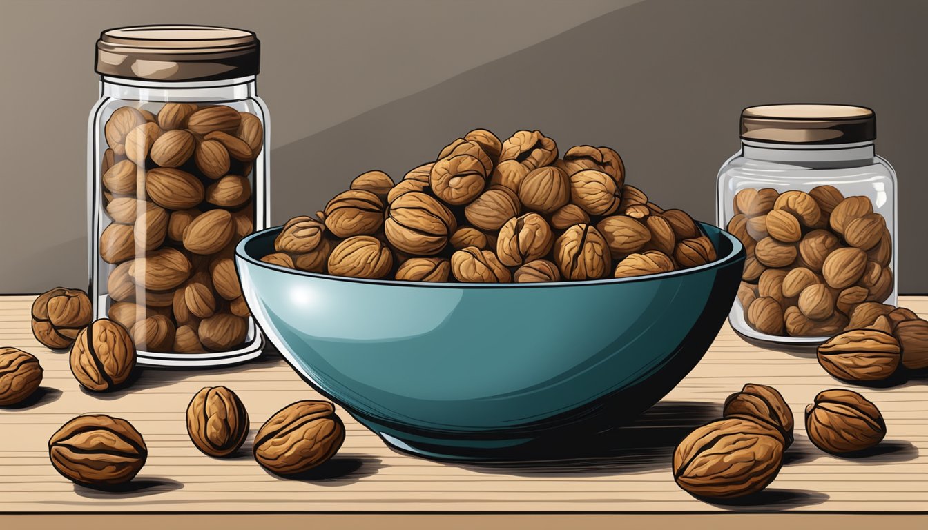 A bowl of walnuts stored in a cool, dry pantry