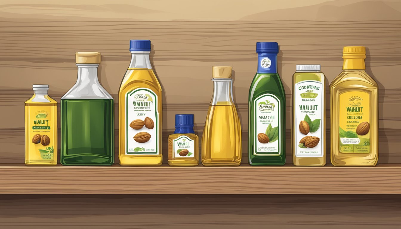 A sealed bottle of walnut oil sits on a pantry shelf next to other cooking oils. The label indicates the purchase date