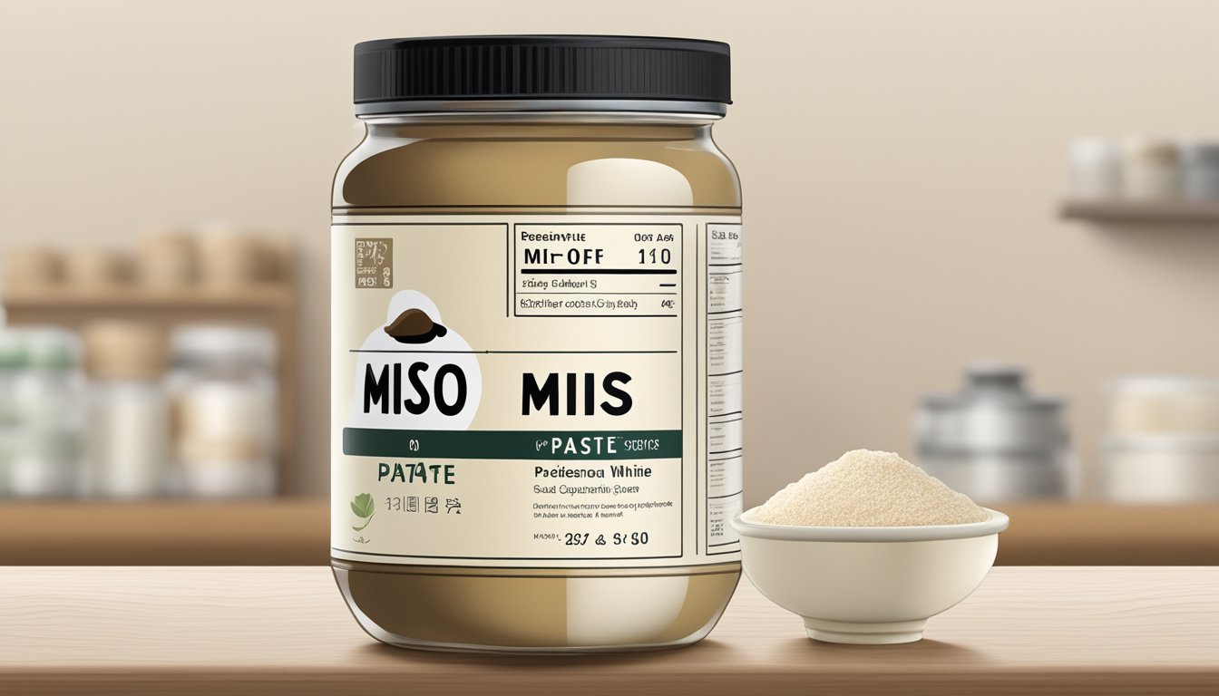 A jar of white miso paste sits on a shelf, next to a label with storage guidelines. The paste is creamy and off-white in color, with a smooth texture