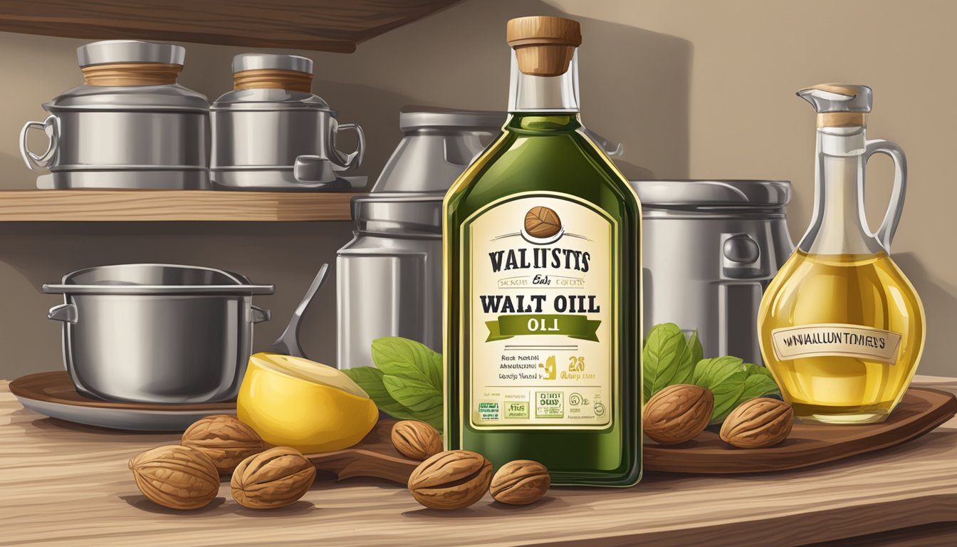 A bottle of walnut oil sits on a kitchen shelf, surrounded by various cooking ingredients and utensils. The label on the bottle indicates the expiration date