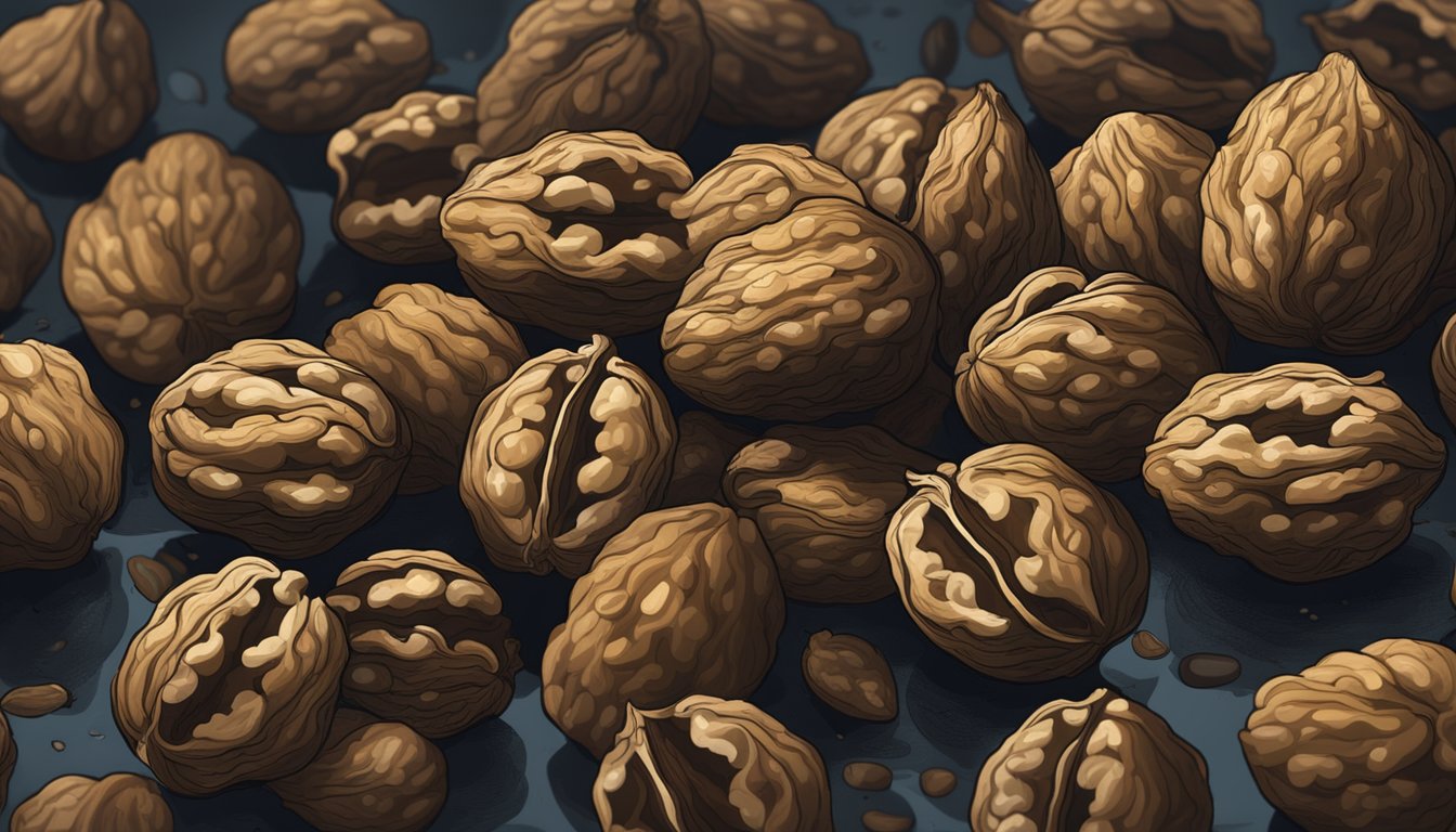 A pile of moldy walnuts in a dark, damp environment. Some are discolored and emitting a foul odor