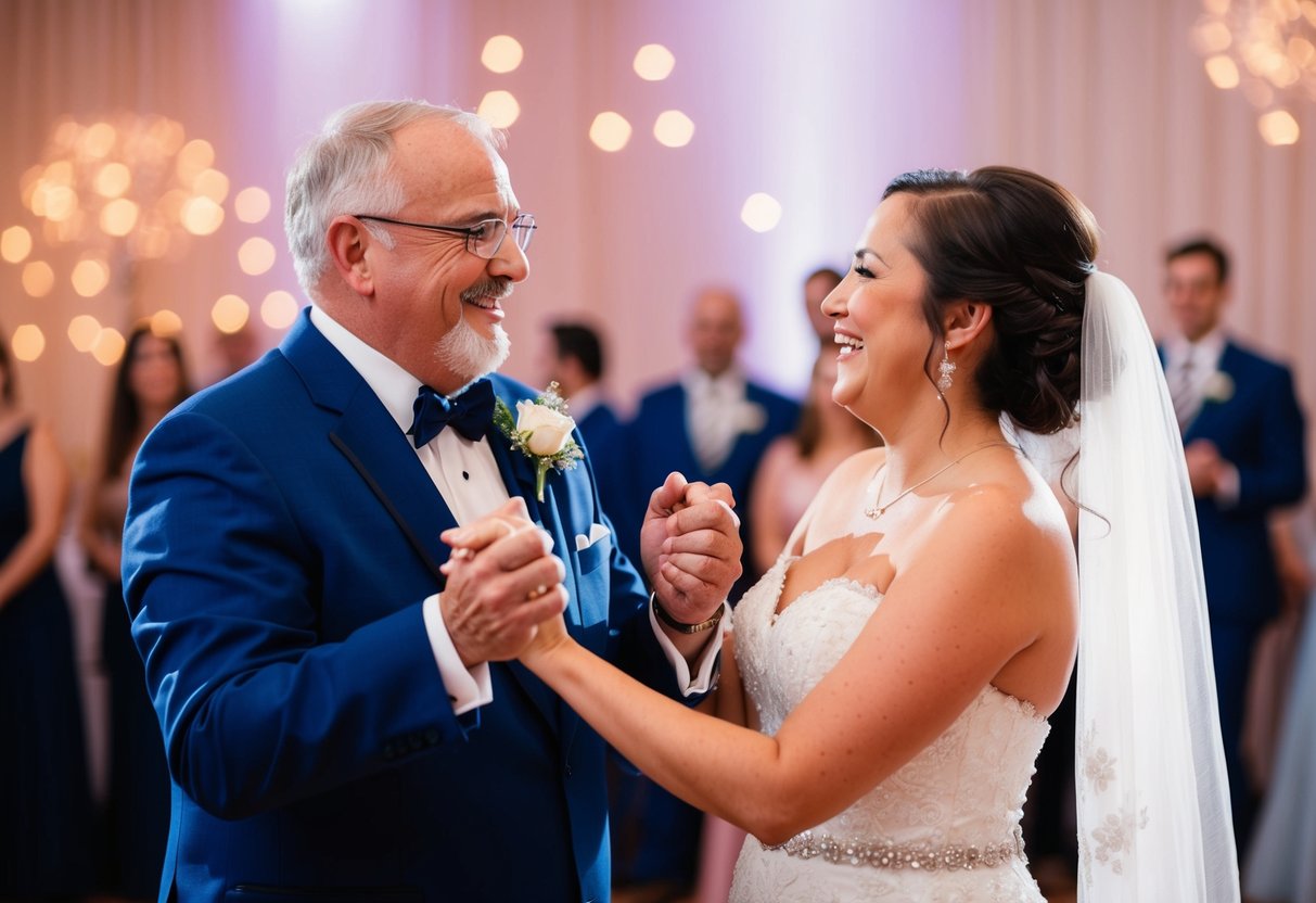 The groom's father and the bride share a joyful dance together