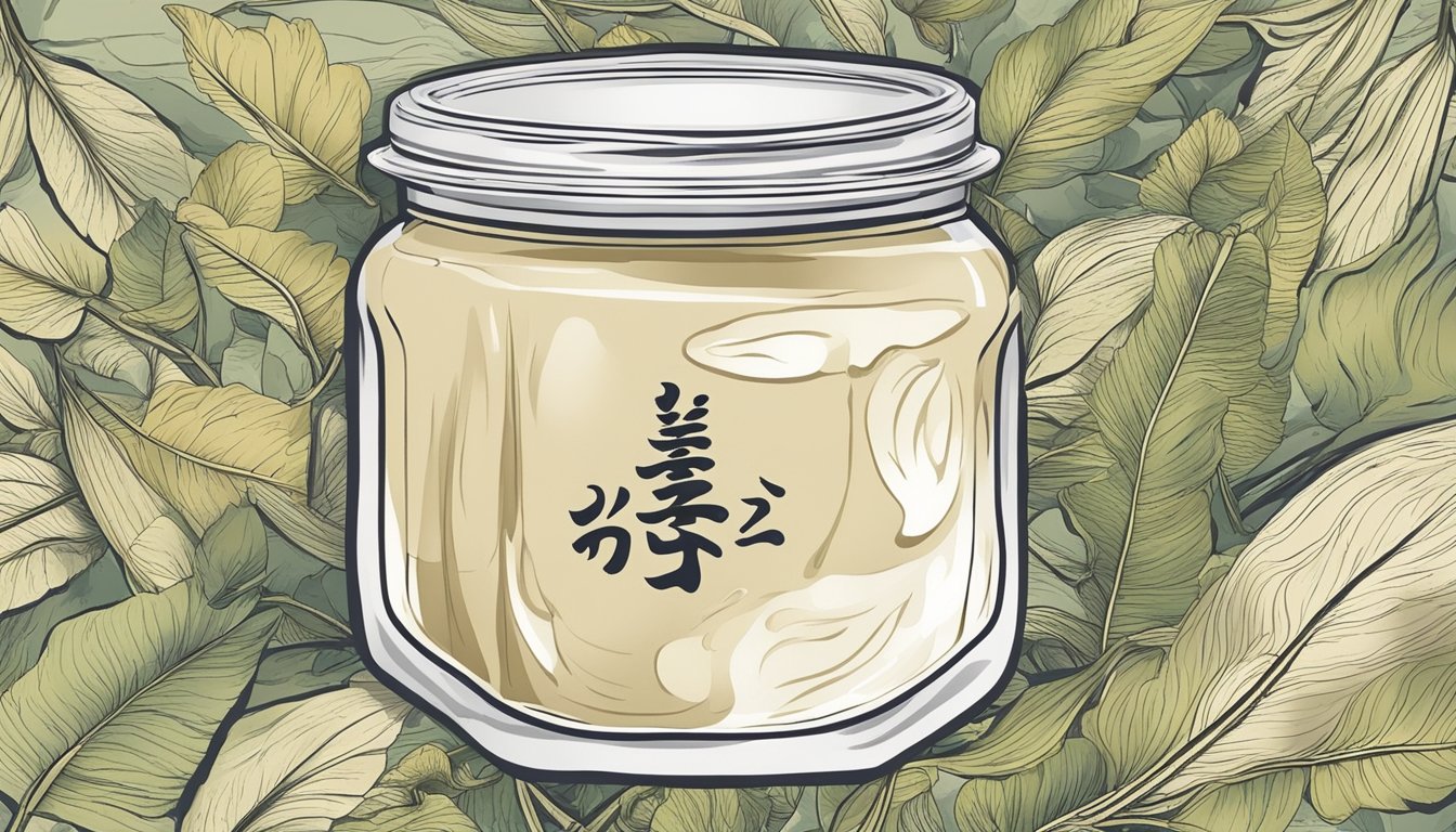 A jar of white miso paste with visible signs of spoilage, such as discoloration, mold, or an off-putting odor