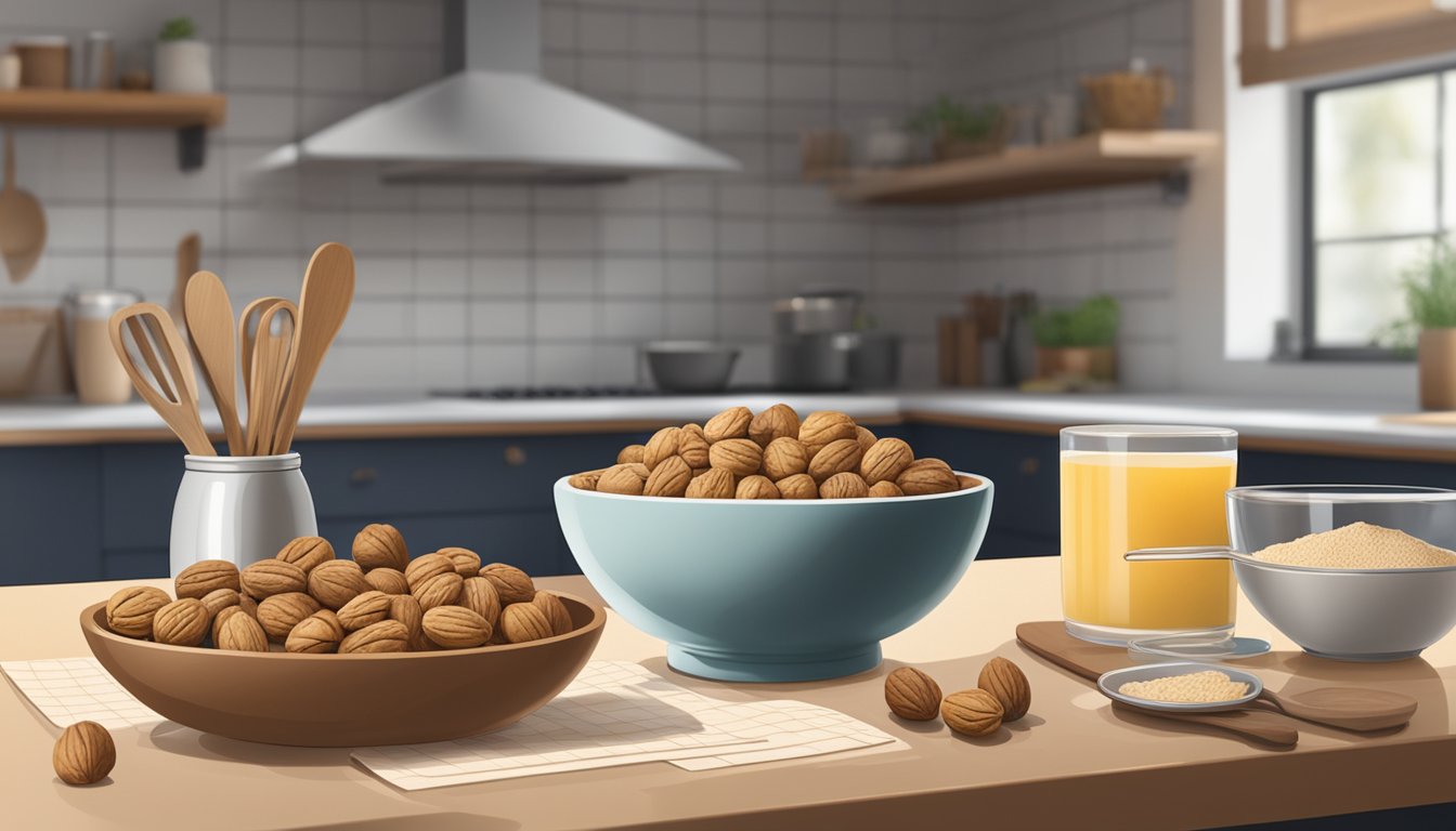 A bowl of walnuts sits on a kitchen countertop, surrounded by baking ingredients and utensils. A calendar on the wall marks the date of purchase