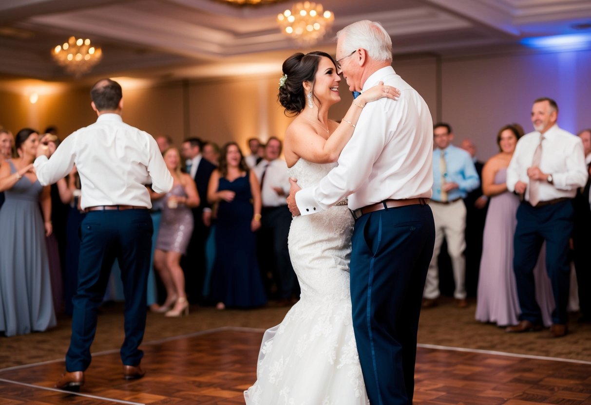 The groom's father and the bride share a dance on the crowded dance floor at the wedding reception