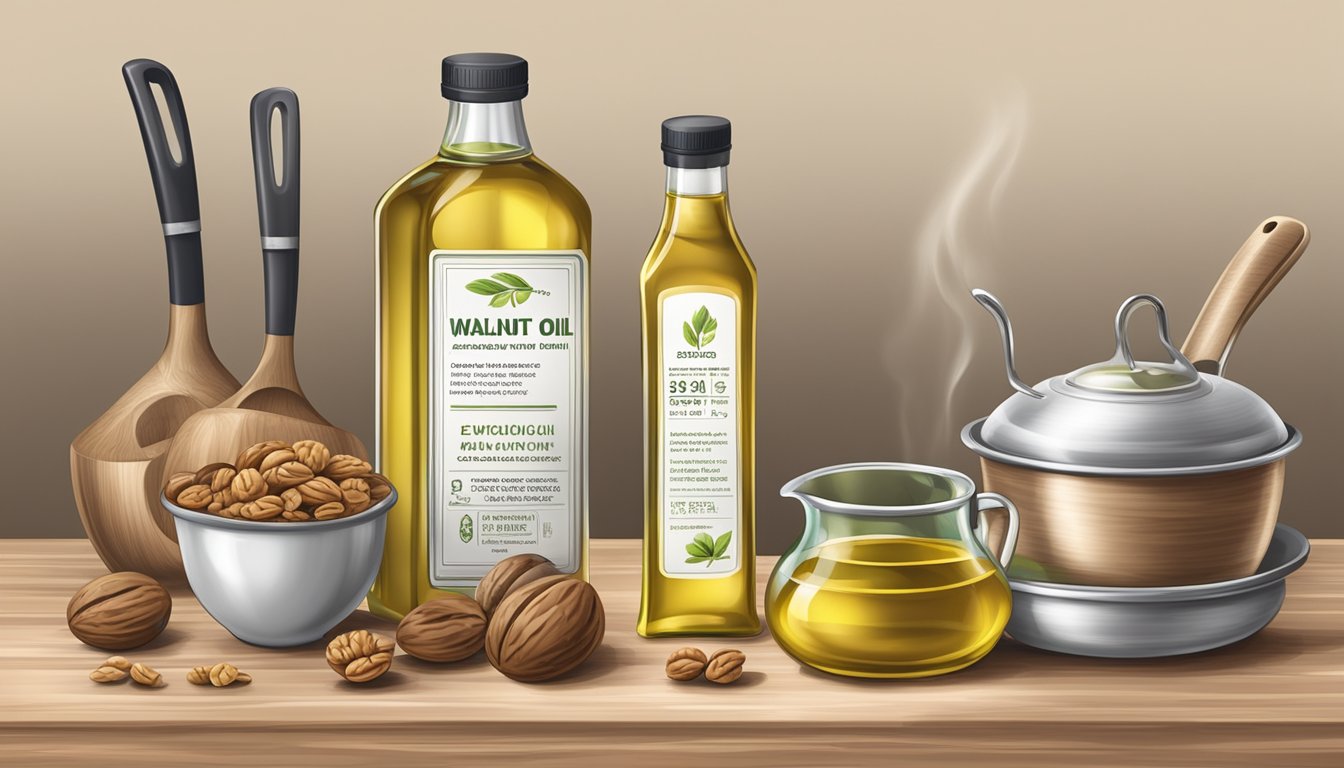 A bottle of walnut oil with an expiration date label, surrounded by various cooking utensils and a kitchen environment