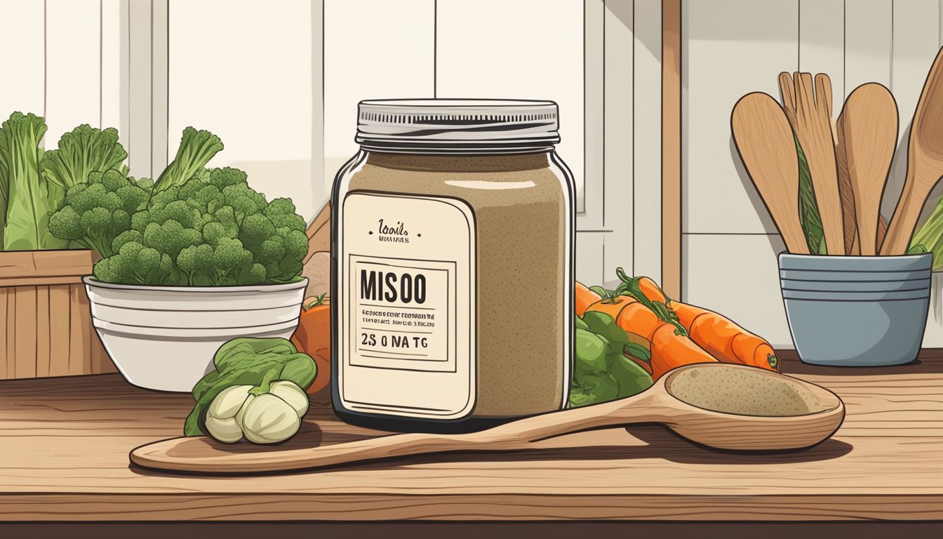 A jar of white miso paste sits on a kitchen shelf, surrounded by fresh vegetables and a wooden spoon. The jar is labeled with the expiration date