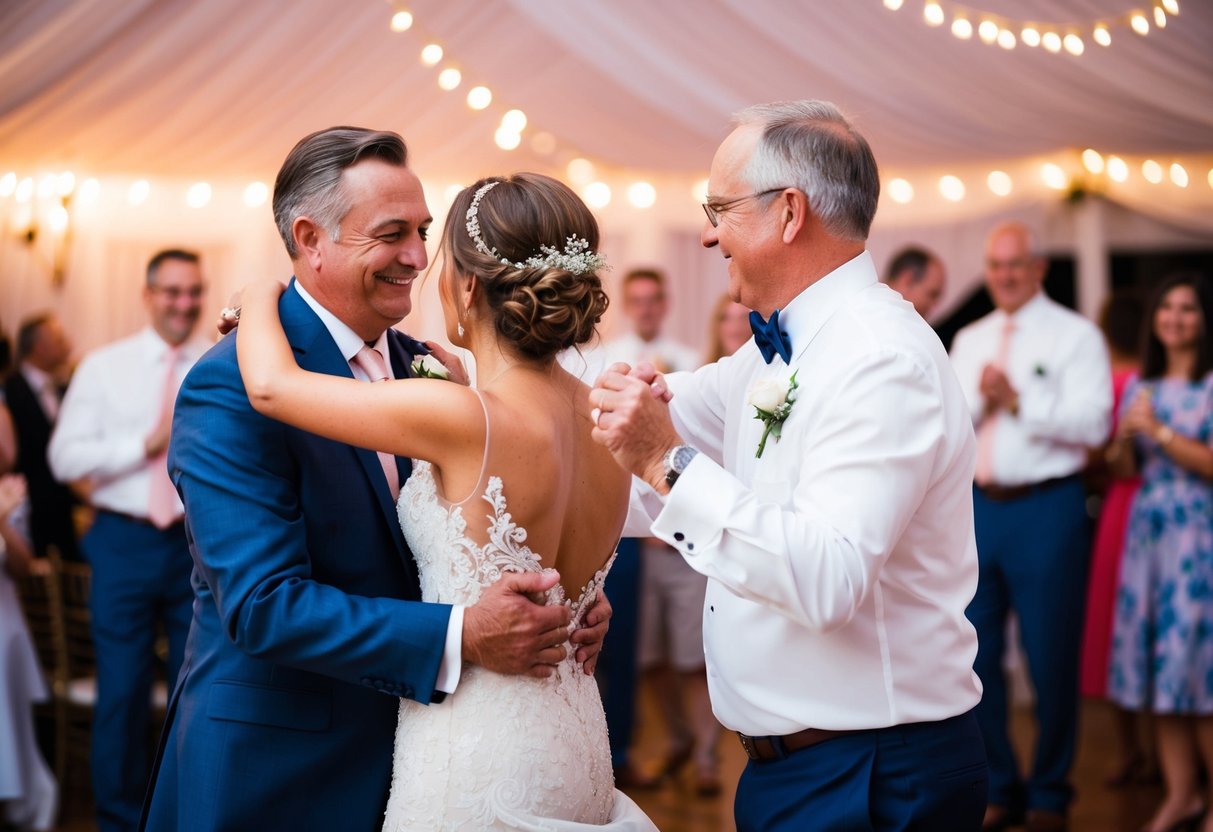 The groom's father and the bride dance together at the wedding celebration