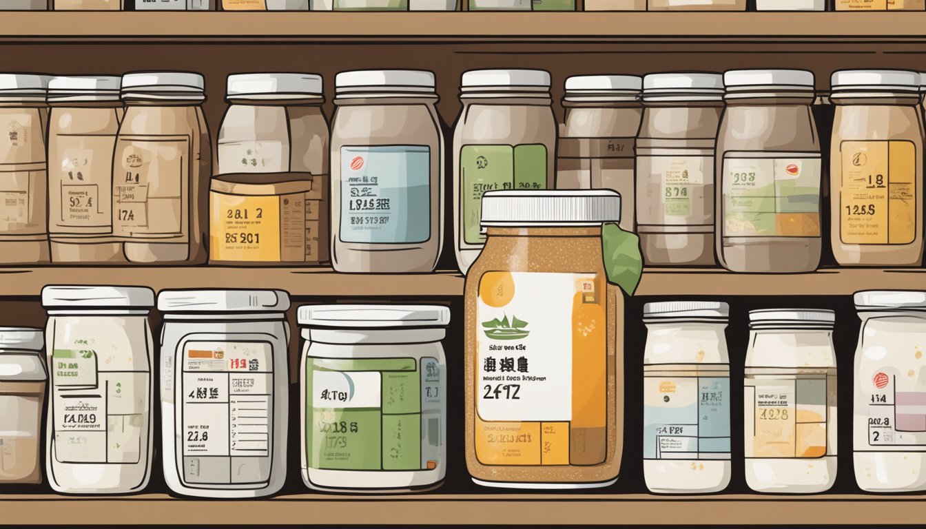 A jar of white miso paste sits on a shelf, surrounded by various expiration date labels. A calendar hangs nearby, with a date circled in red