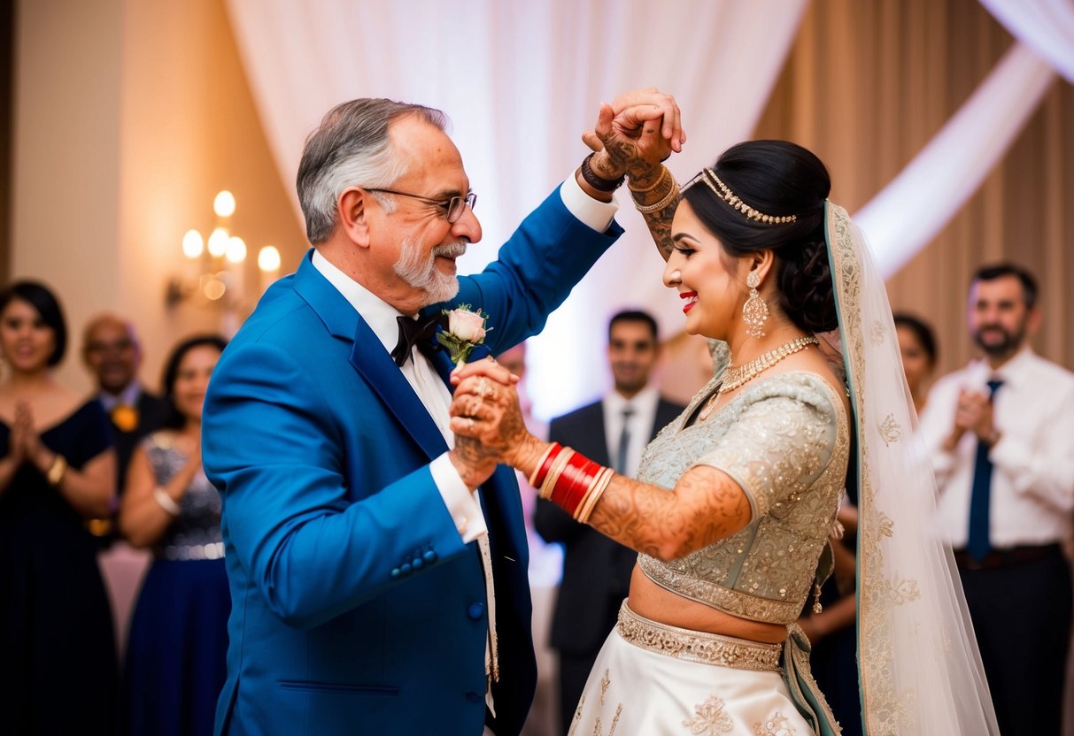 The groom's father and the bride dance together, blending traditional and modern elements