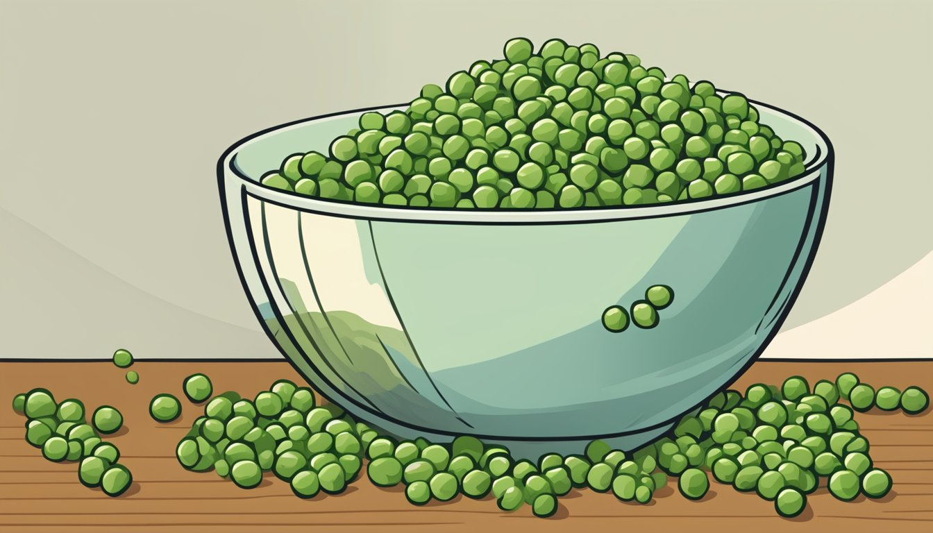 A bowl of wasabi peas spilling out onto a wooden table, with a few peas rolling away. A calendar on the wall shows the current date