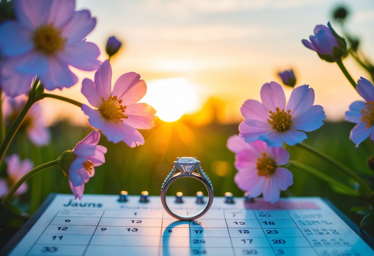 A wedding ring placed on a calendar, surrounded by blooming flowers and a glowing sunset in the background
