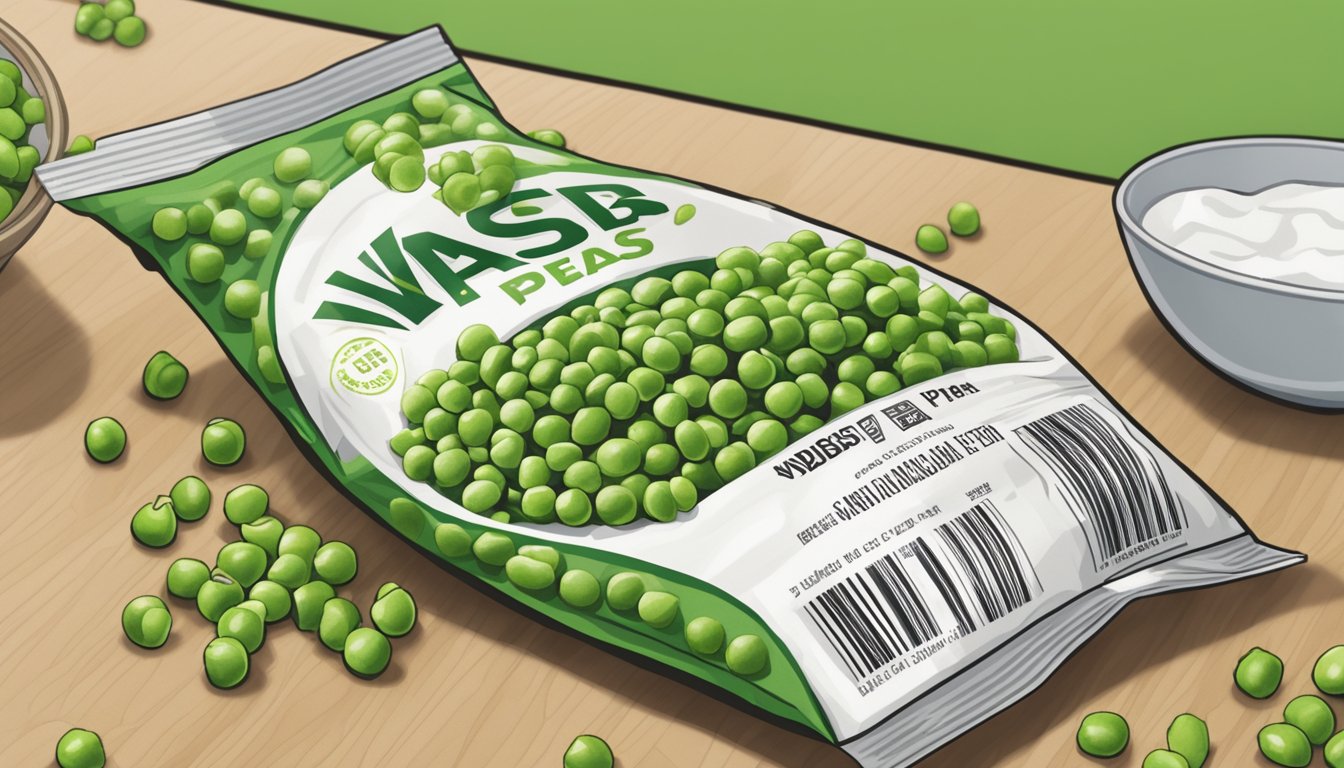 A sealed bag of wasabi peas sits on a kitchen counter, with a best-before date clearly visible