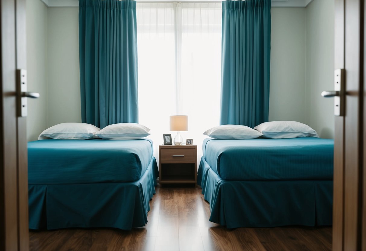 A couple's separate beds with a dividing curtain between them
