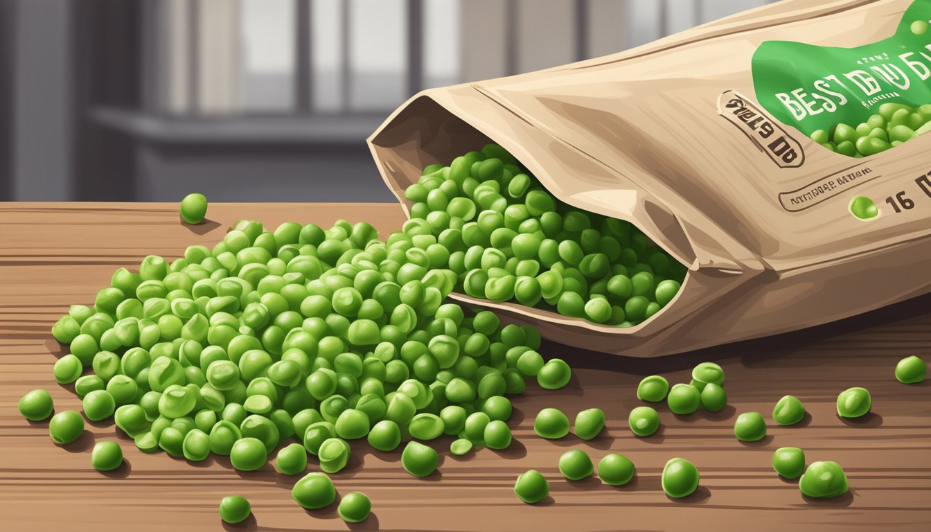 A pile of wasabi peas spilling out of an open bag, scattered on a wooden shelf with a "best by" date label visible