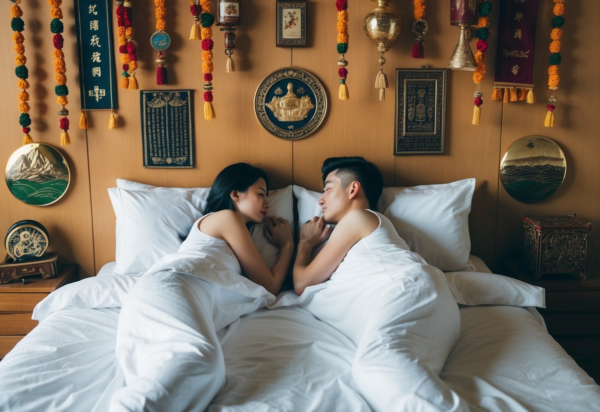 A couple lies in separate beds, surrounded by cultural and historical symbols of tradition and anticipation