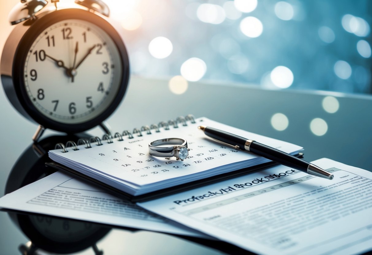 A calendar with a wedding ring and a pen on top, surrounded by legal documents and a clock showing a looming deadline