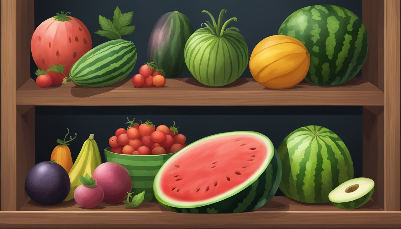 A whole watermelon sits on a wooden shelf in a cool, dark pantry, surrounded by other fruits and vegetables