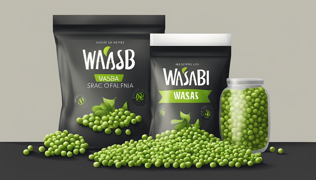 A sealed bag of wasabi peas stored in a cool, dark pantry