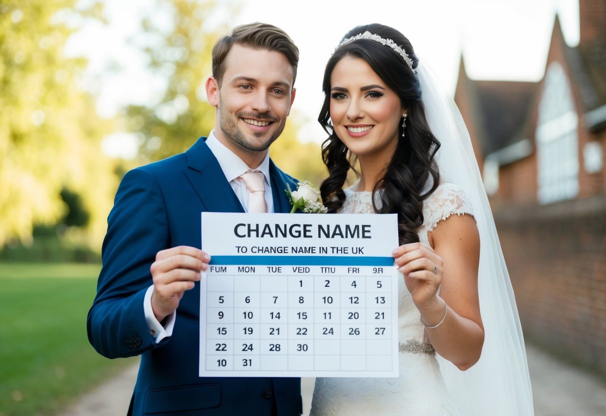 A newlywed couple holding marriage certificate with calendar showing deadline to change name in the UK