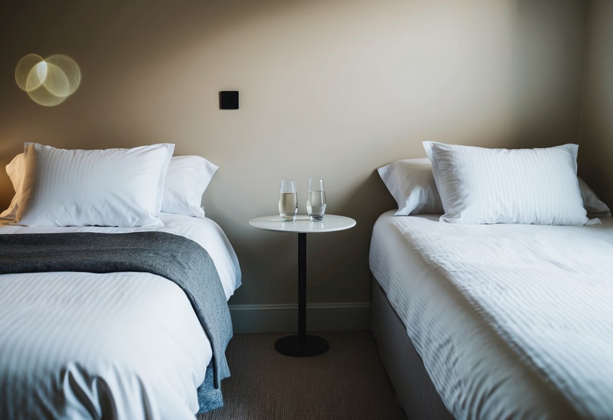 A cozy bedroom with two separate beds, one neatly made and the other slightly rumpled, with a small table in between holding two glasses of water