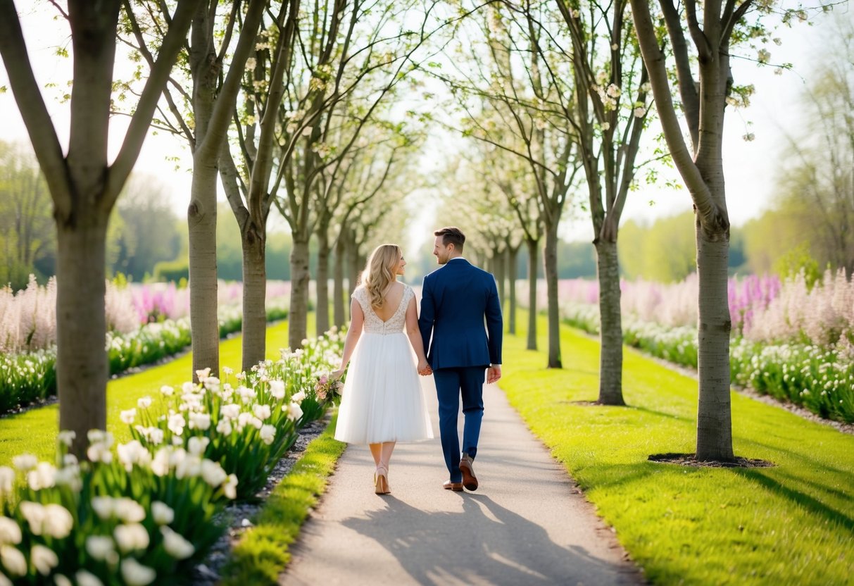 A couple walking down a tree-lined path, surrounded by blooming flowers and a serene, sunlit atmosphere