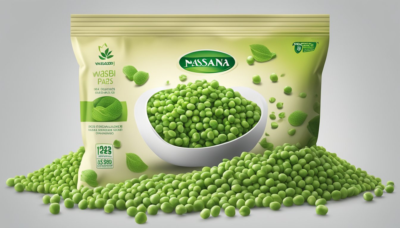 A pile of wasabi peas in a clear, resealable bag with a best before date printed on the packaging