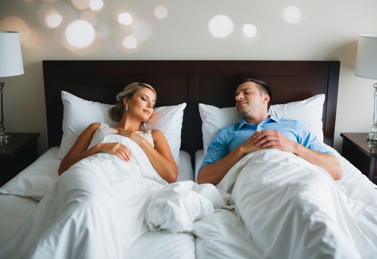 A couple lying in separate beds, tossing and turning, unable to sleep the night before their wedding