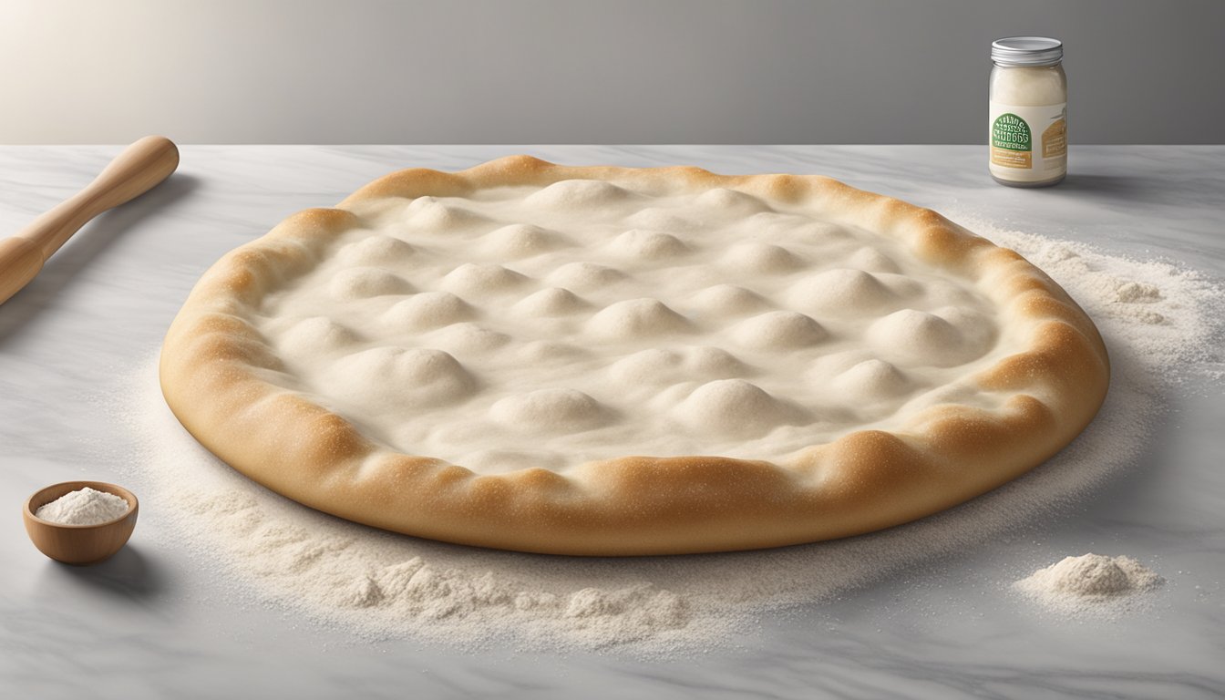 A package of Whole Foods Market Fresh Pizza Dough sits on a clean, marble countertop, surrounded by scattered flour and a rolling pin