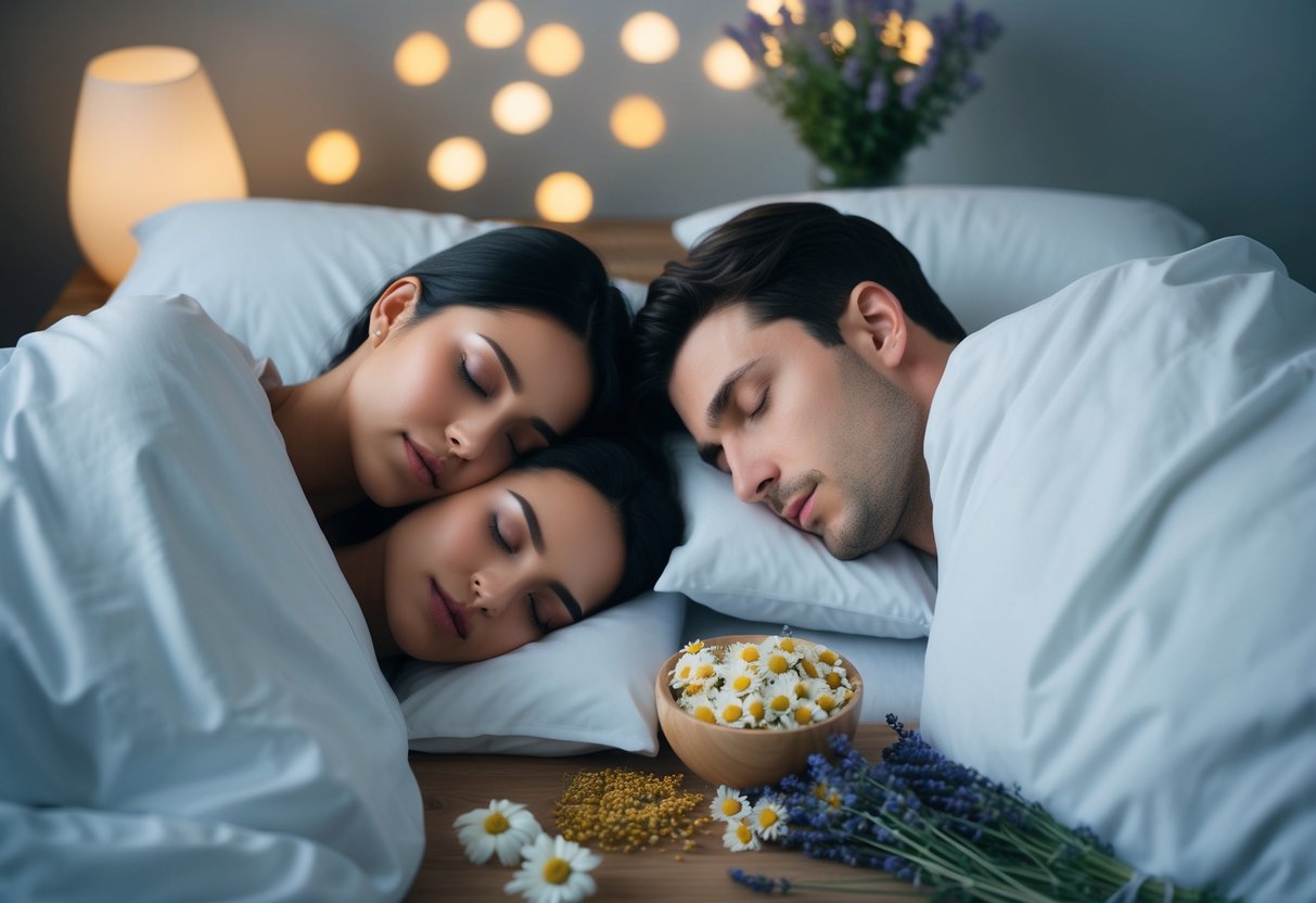 A couple sleeping in separate beds, surrounded by calming elements like lavender, chamomile, and soft lighting