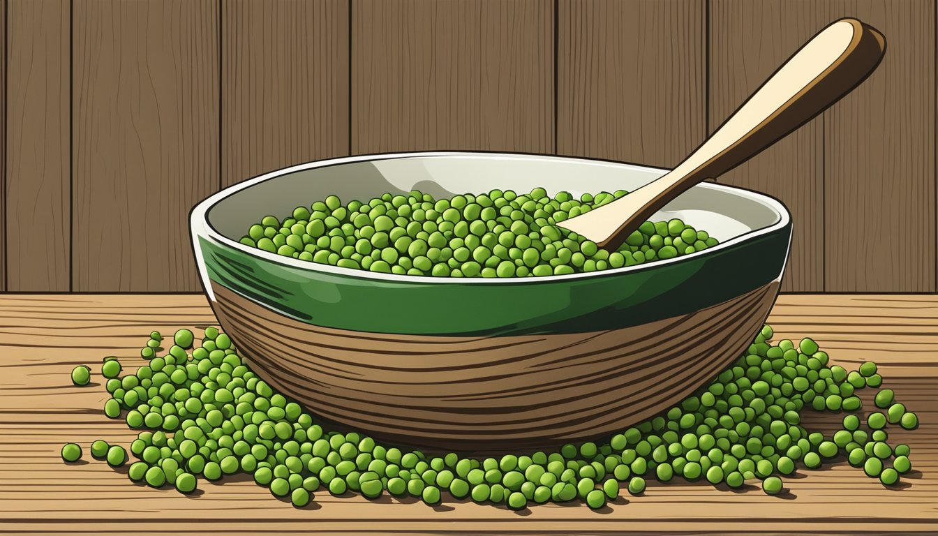 A bowl of wasabi peas sits on a wooden table, surrounded by scattered peas. A small pile of wasabi powder is visible next to the bowl