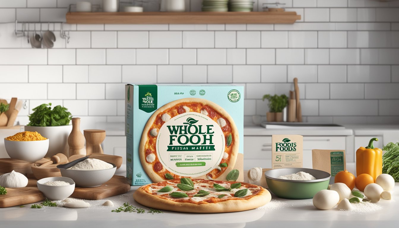 A package of Whole Foods Market fresh pizza dough sits on a clean, white kitchen counter, surrounded by ingredients and cooking utensils