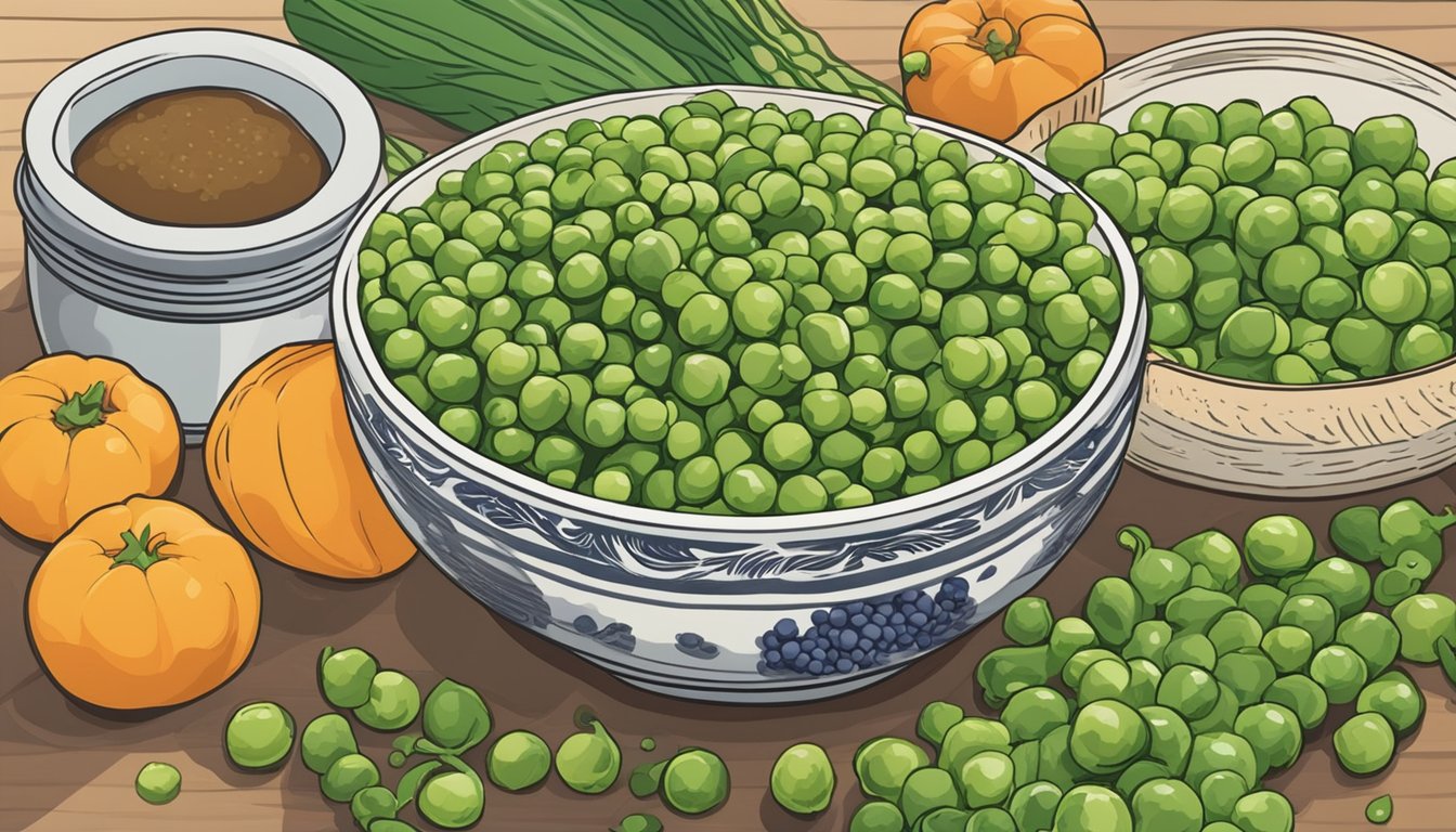 A bowl of wasabi peas sits on a kitchen counter, surrounded by various fresh vegetables and fruits. The peas are in a clear, airtight container with a label indicating the date they were opened