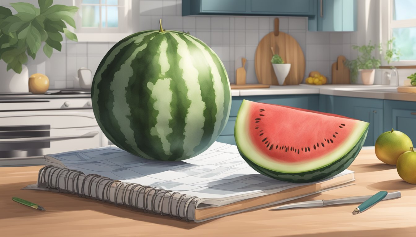 A ripe watermelon sits on a kitchen counter next to a stack of recipe books and a calendar with the date circled