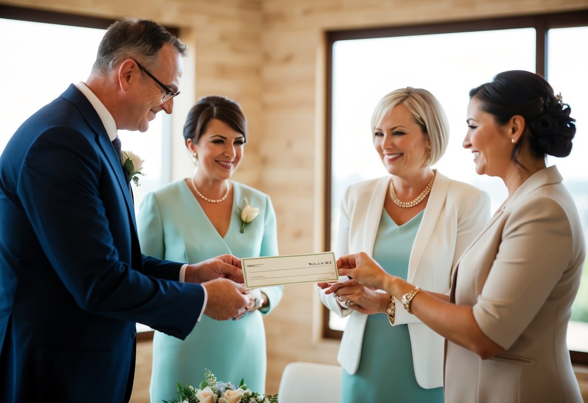 Parents presenting a check to a wedding planner