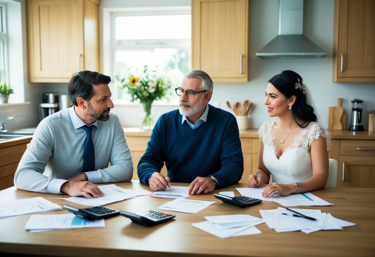 A father and mother sit at a kitchen table, discussing wedding finances with their son and his fiancé. Papers and calculators are scattered across the table