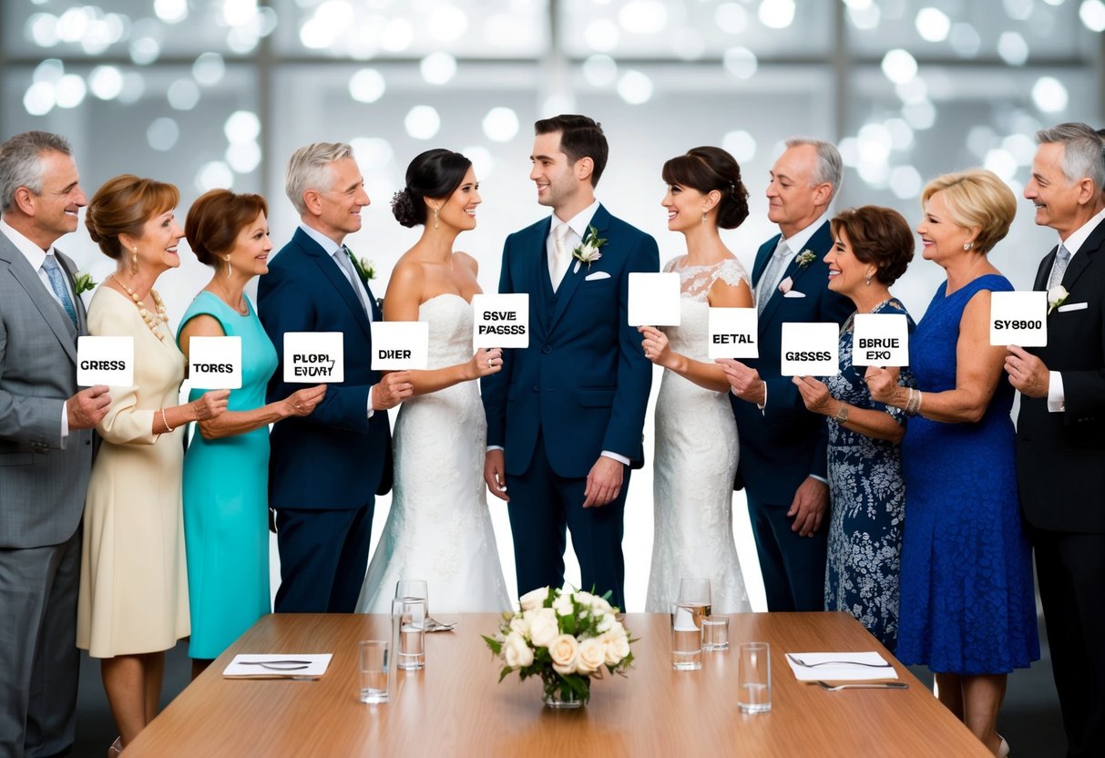 A bride and groom stand on opposite sides of a table, surrounded by family members. Each person holds a different item representing a wedding expense, such as a dress, flowers, or venue rental