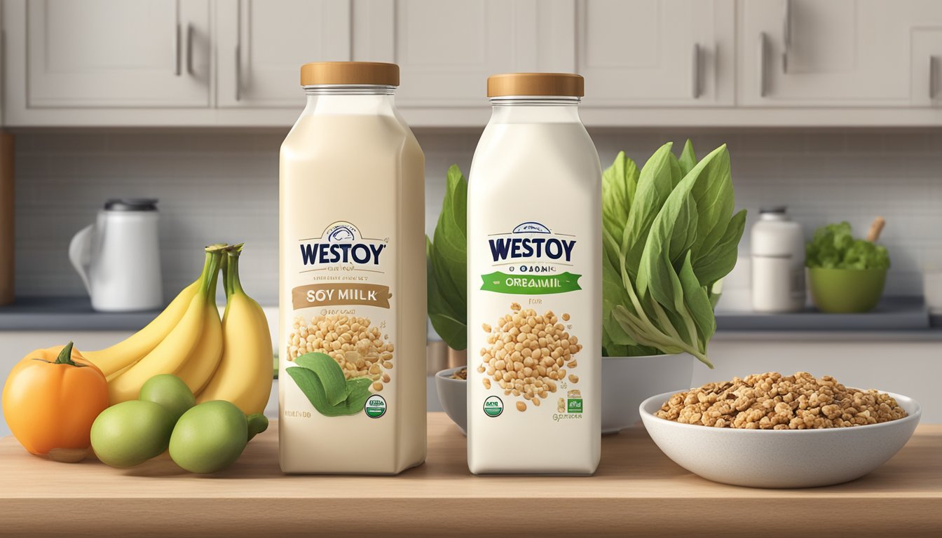 A carton of WestSoy Organic Soy Milk sits unopened on a kitchen counter, surrounded by fresh produce and a bowl of granola