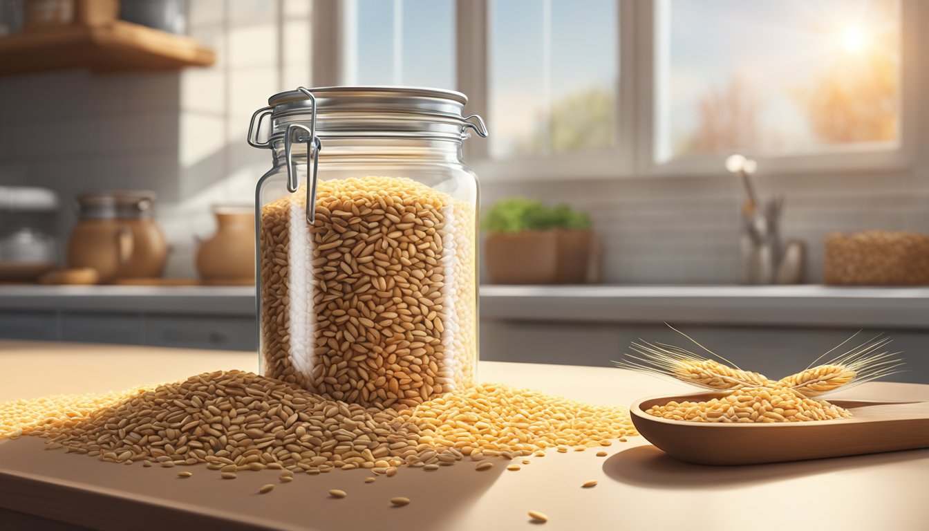 Whole wheat berries in a glass jar on a kitchen counter, surrounded by other grains and a measuring cup. Sunlight streams in through a nearby window