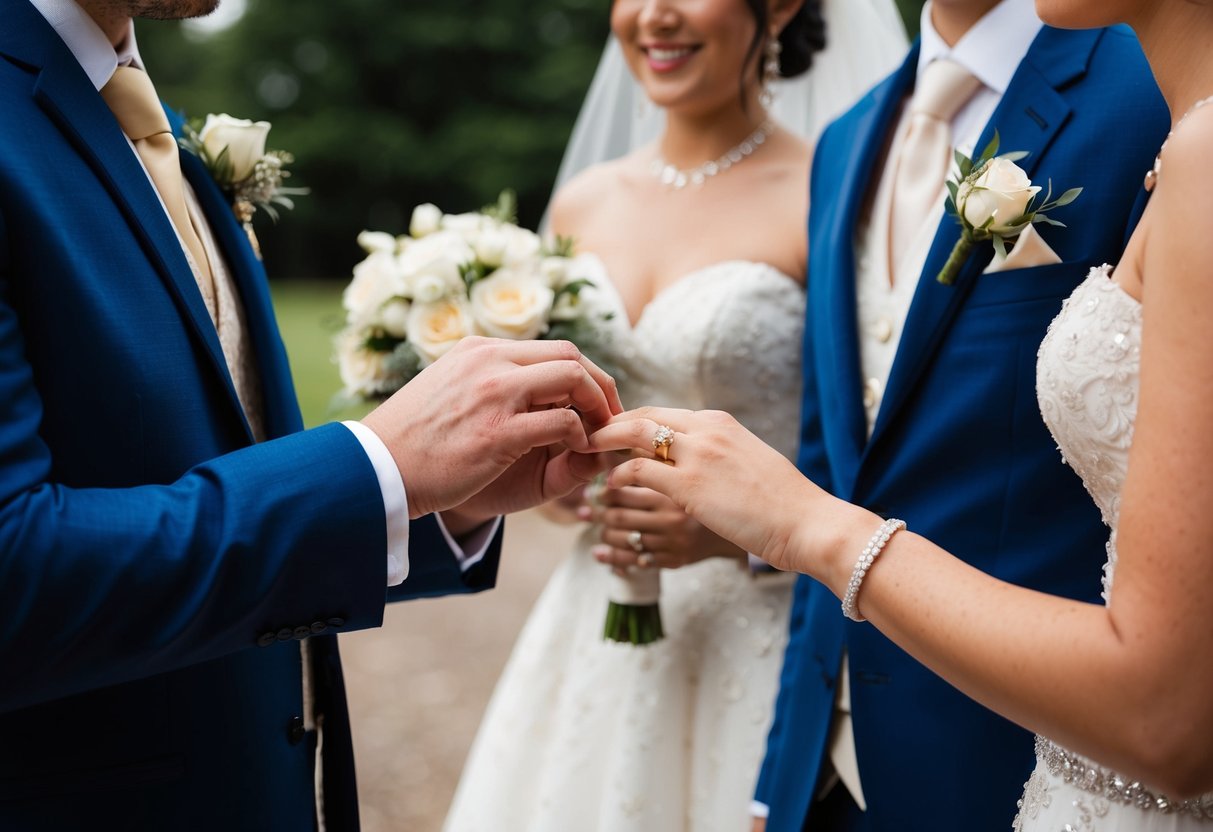 A groom's hand placing a gold wedding band on a bride's finger, both dressed in traditional wedding attire