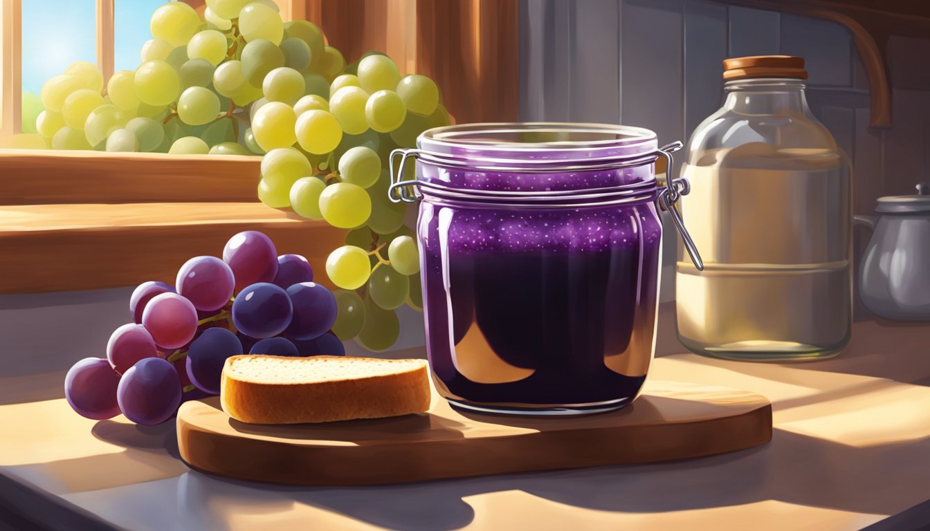 A jar of Welch's Grape Jelly sits on a kitchen counter, surrounded by fresh grapes and a loaf of bread. The sunlight streams in through the window, casting a warm glow on the scene