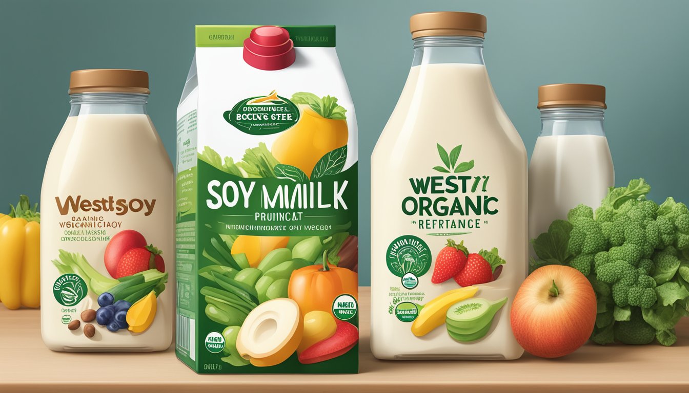 A carton of WestSoy Organic Soy Milk sits unopened on a kitchen counter, surrounded by fresh fruits and vegetables