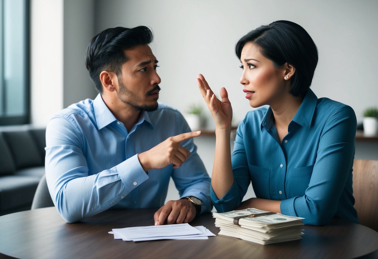 A couple sitting at a table with concerned expressions, gesturing and talking to each other. A wedding invitation and a stack of bills are on the table