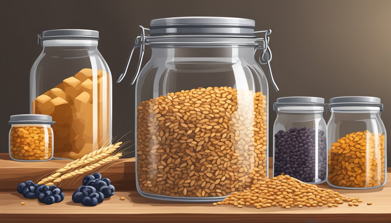 A glass jar filled with whole wheat berries sits on a wooden shelf, surrounded by other pantry items. The berries are intact and dry, with no signs of spoilage