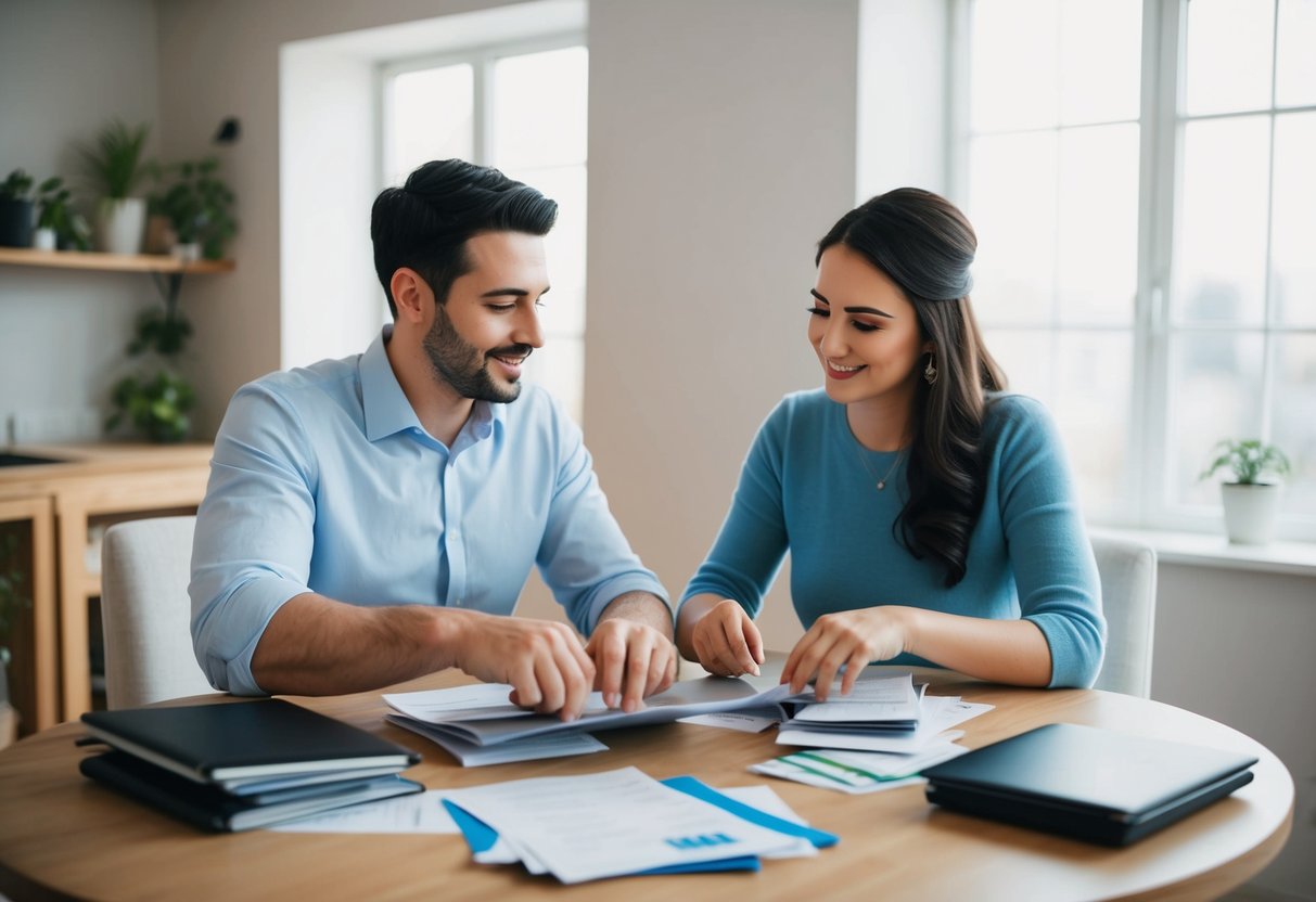 A newlywed couple sits at a table, dividing bills and expenses. The husband and wife discuss and organize their finances together