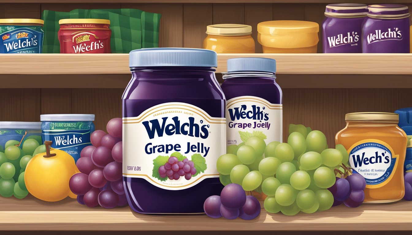 A jar of Welch's Grape Jelly sits on a pantry shelf next to other food items. The label is facing forward, and the lid is securely closed