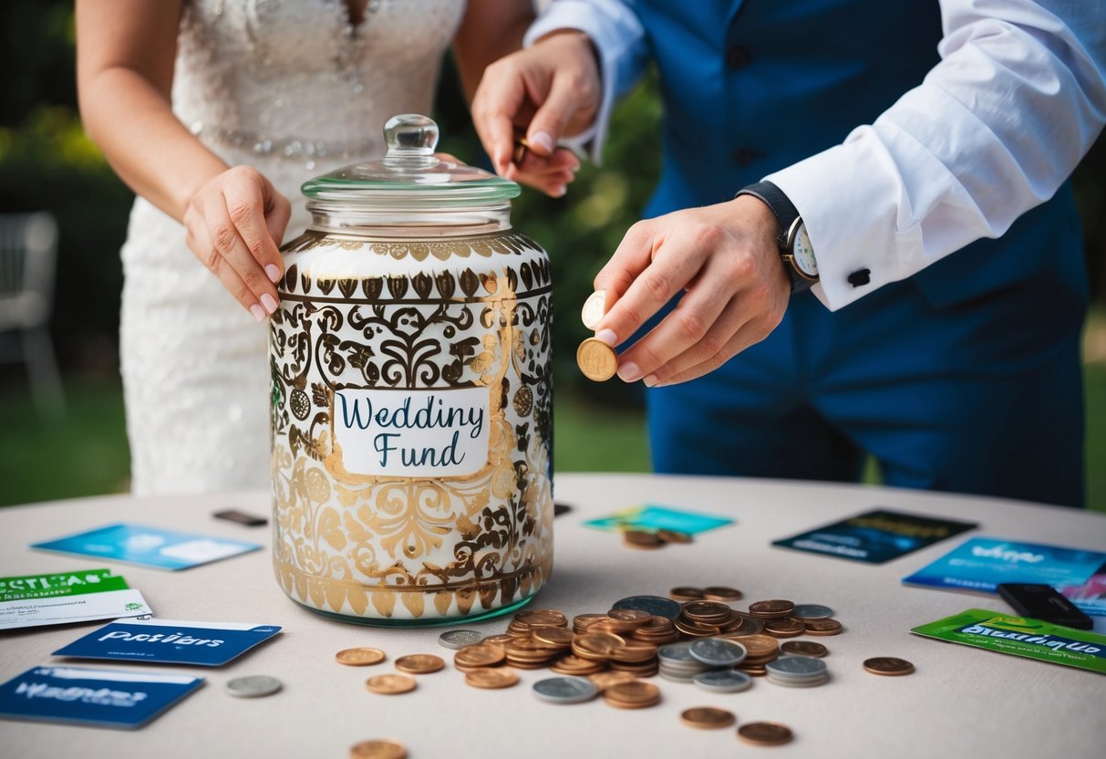 A couple placing coins into a decorative wedding fund jar on a table, surrounded by various non-monetary contributions like gift cards and vouchers