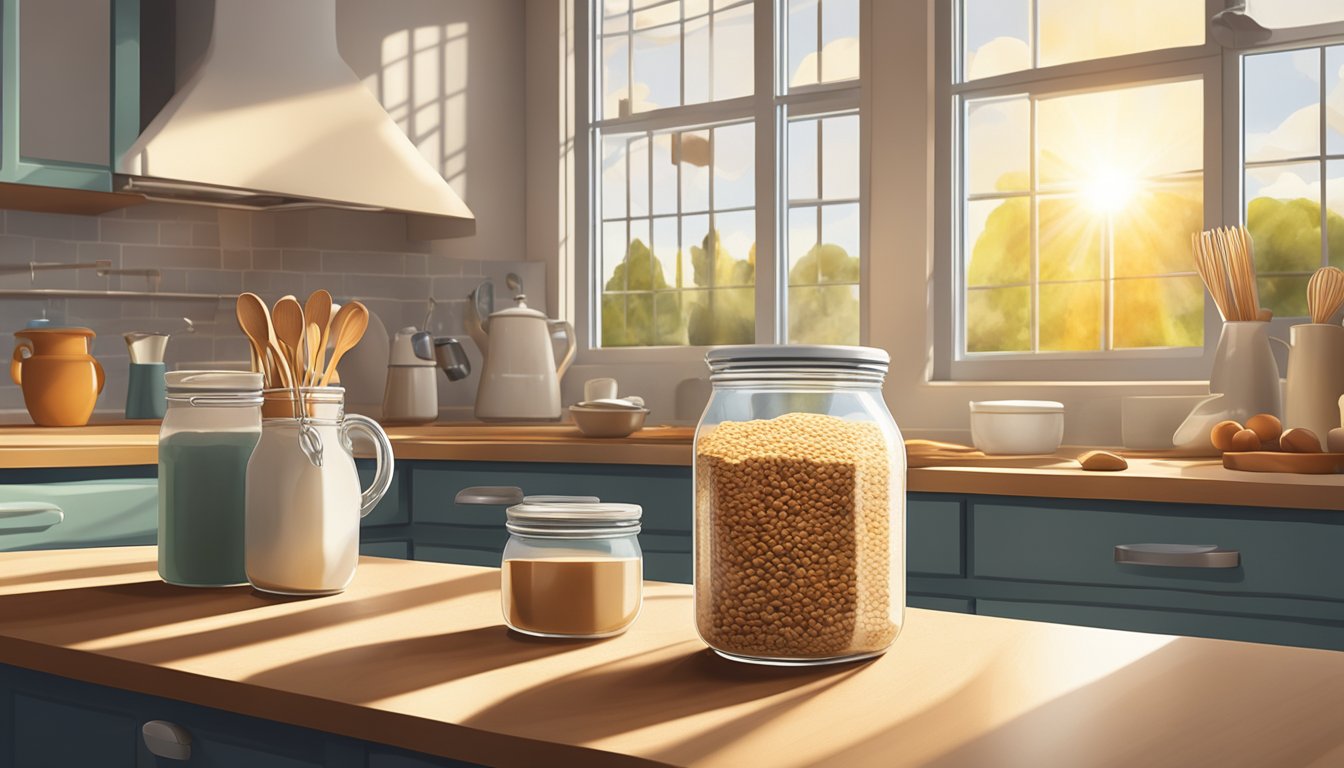 A jar of whole wheat berries sits on a kitchen counter, surrounded by various cooking utensils and ingredients. Sunlight streams in through a nearby window, casting a warm glow on the scene