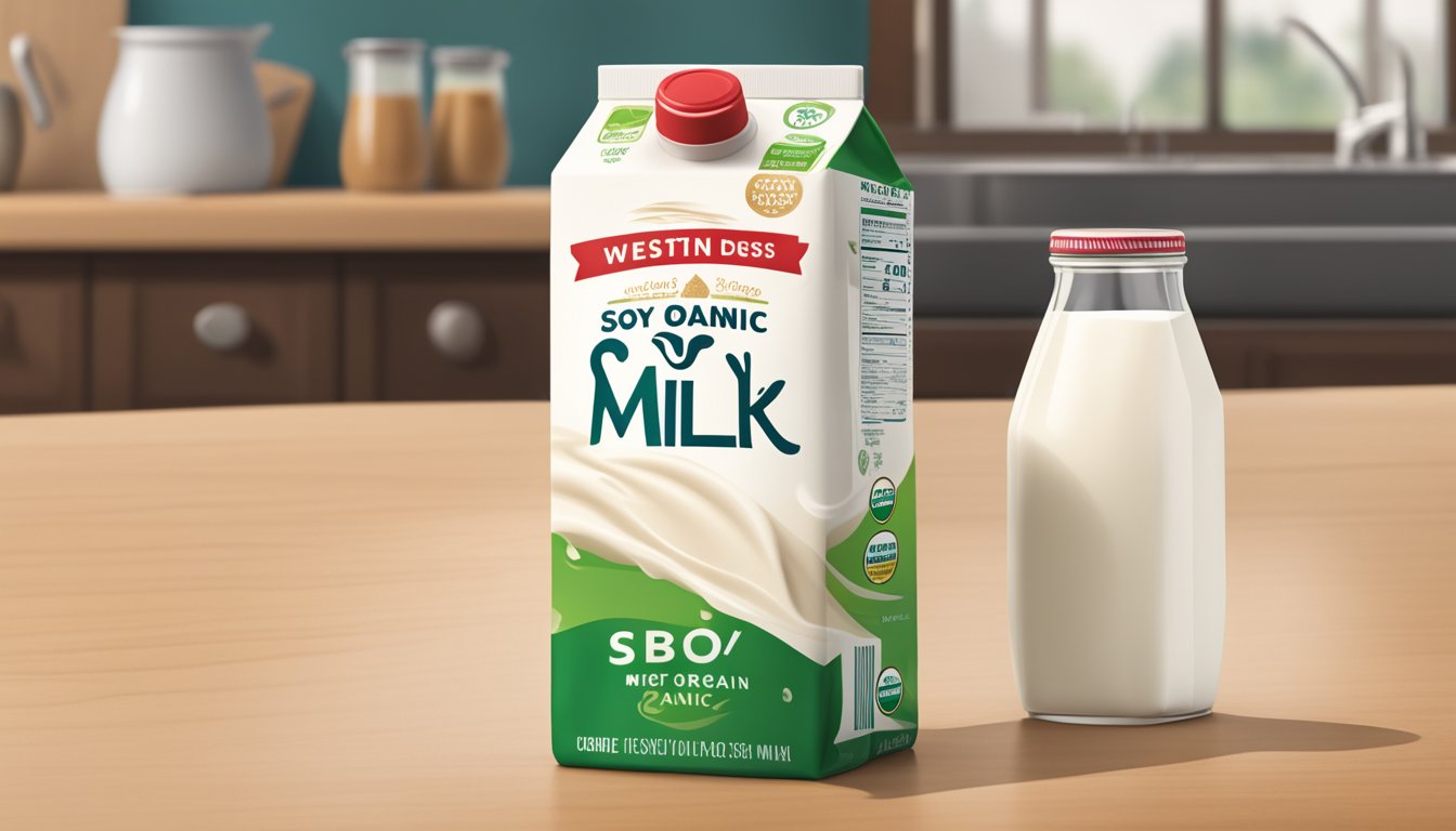 A carton of WestSoy Organic Soy Milk sits on a kitchen counter, with a visible expiration date and a few drops of milk spilling from the open cap