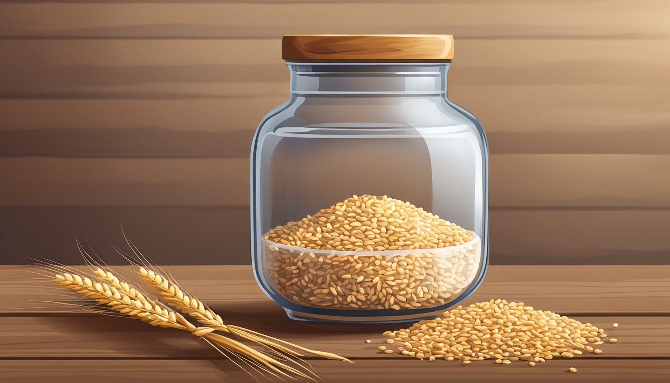 A glass jar filled with whole wheat berries sits on a wooden shelf next to containers of other grains, such as rice and quinoa